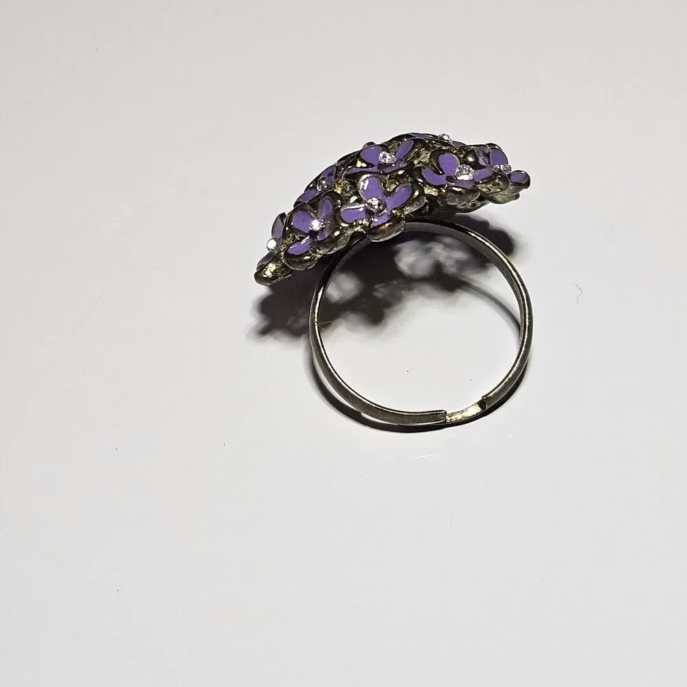 Gold Tone Purple Enamel Flower Ring With Clear Rhinestone Accents Adjustable